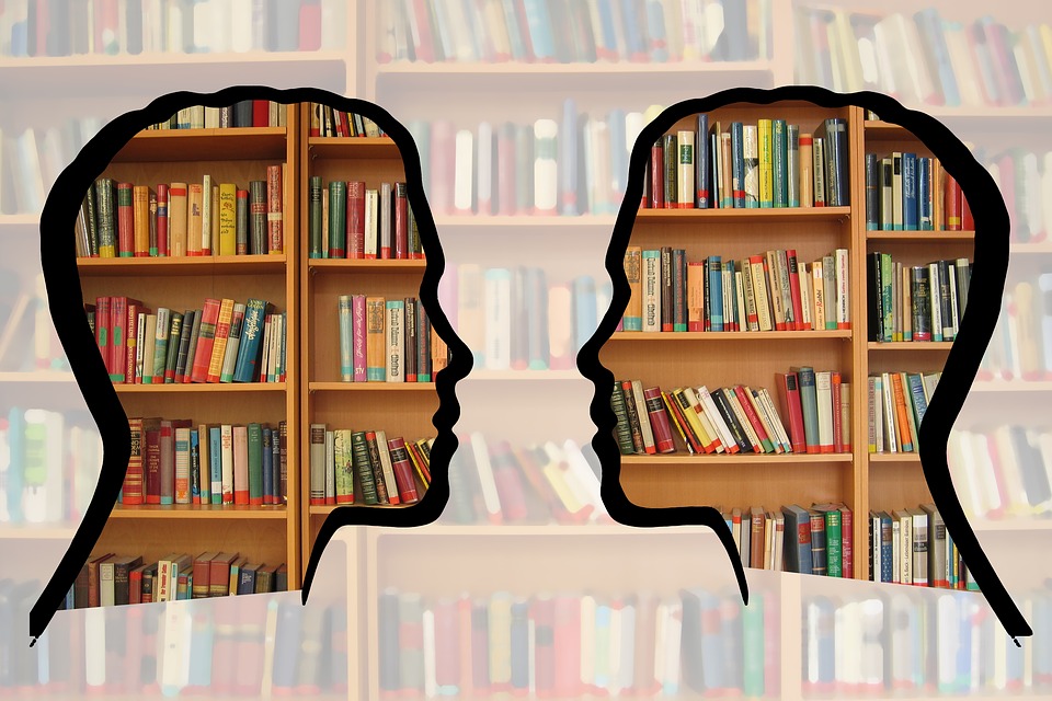 Zwei Köpfe vor einer Bücherwand symbolisieren die verschiedenen Personen bei der Charaktererstellung