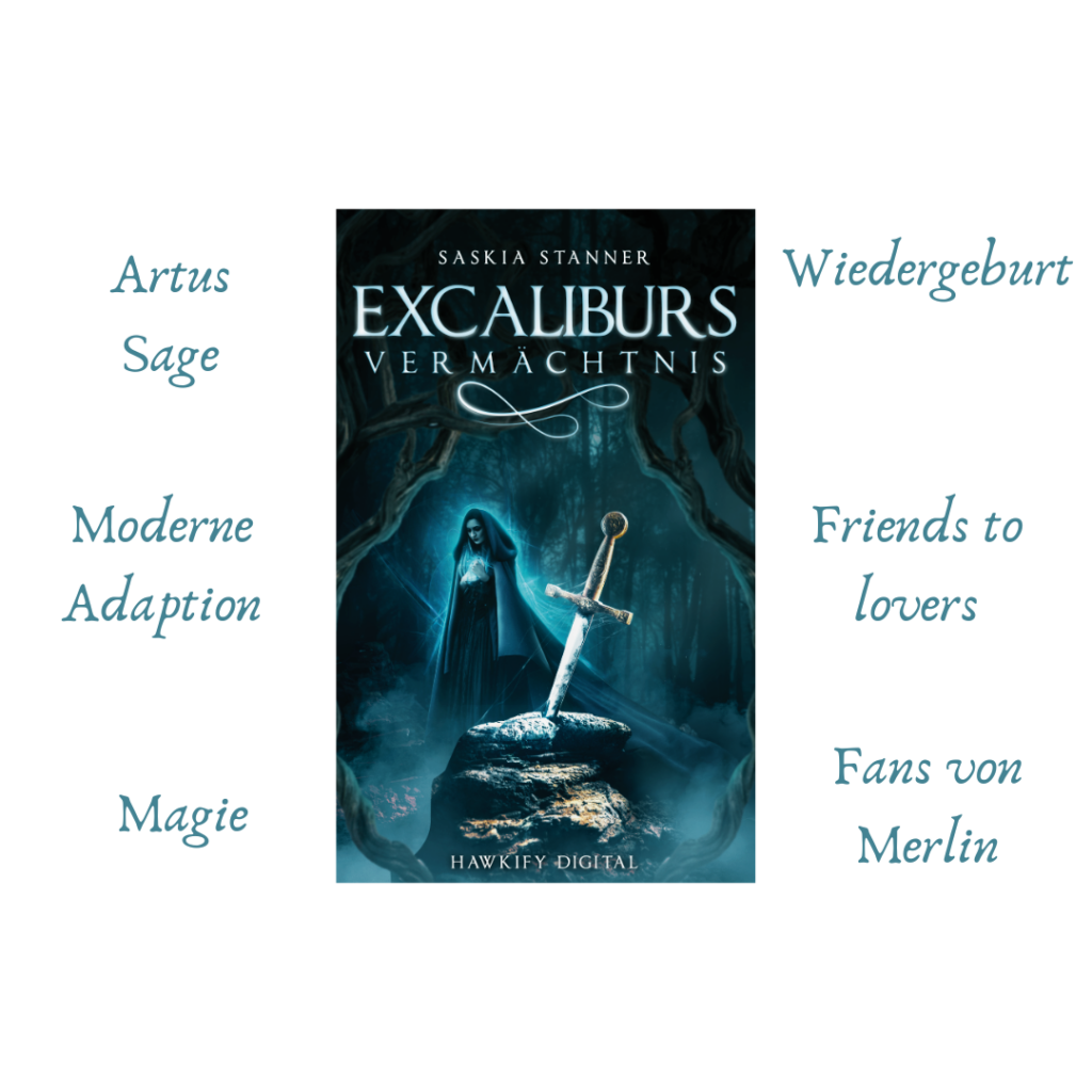 Das Cover von Excaliburs Vermächtnis mit den Begriffen daneben: Artus Sage, Moderne Adaption, Magie, Wiedergeburt, Friends to lovers, Fans von Merlin